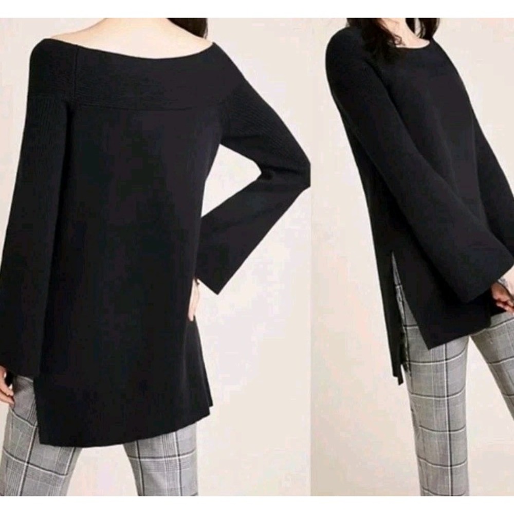 Anthropologie Off Shoulder Tunic Sweater XS Minimalist Quiet Luxury Bell Sleeve